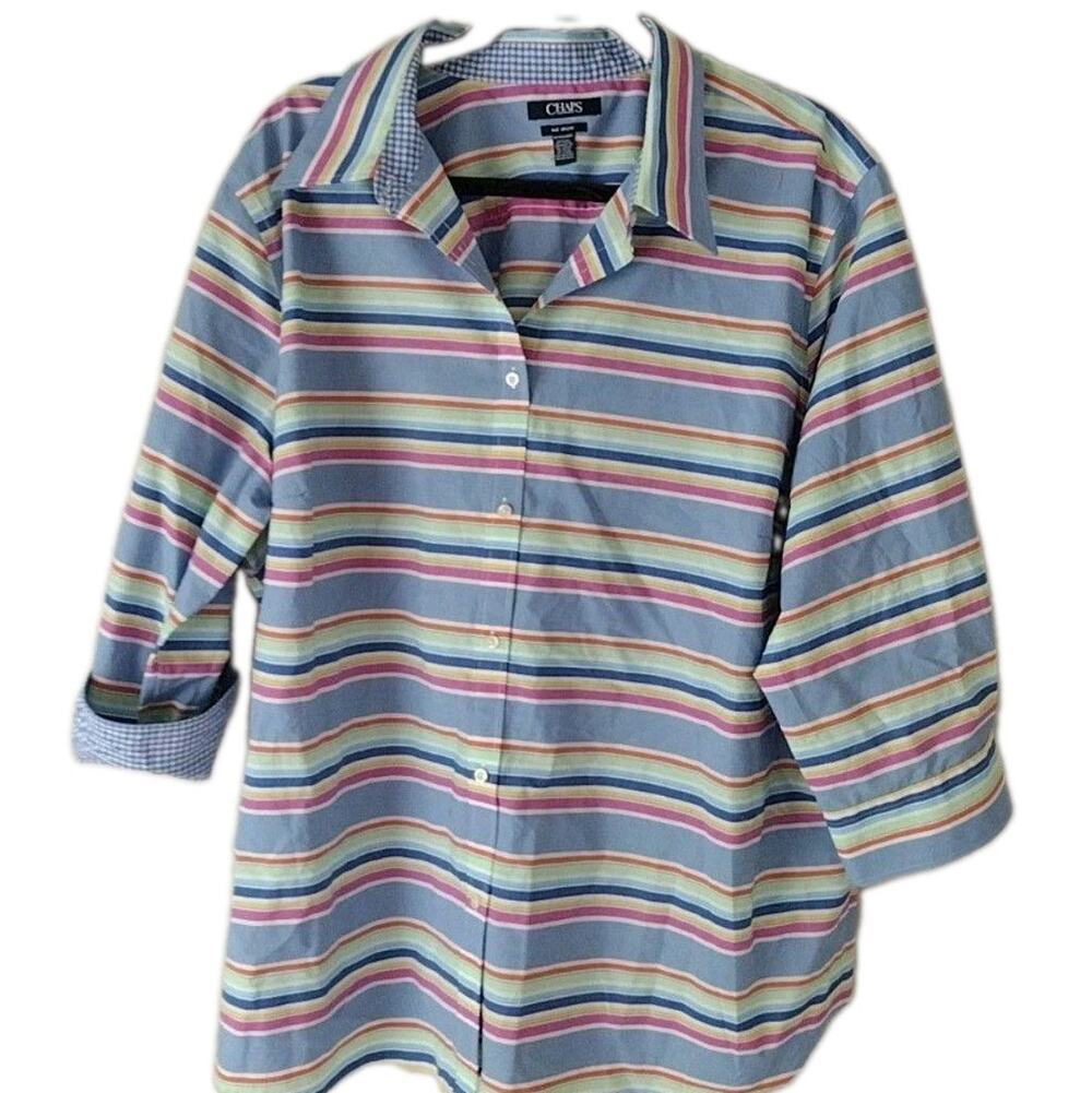Chaps Shirt Womens 3X Plus Multicolor Striped No Iron Button Front 3/4 Sleeve